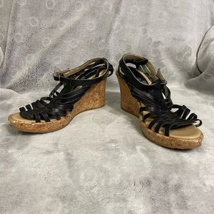 Bellisima wedge cork strap shoes in brown and tan. Size 5